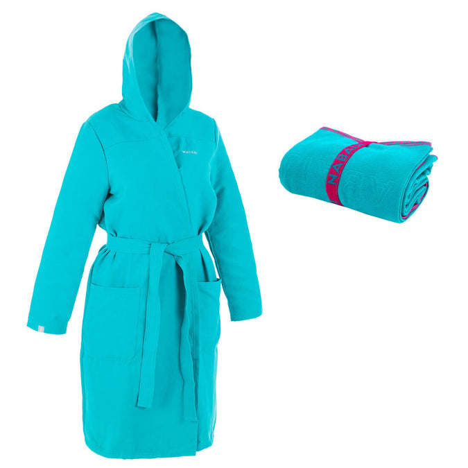 





PACK PEIGNOIR ET SERVIETTE L 80 * 130 CM FEMME MICROFIBRE COMPACT TURQUOISE, photo 1 of 6