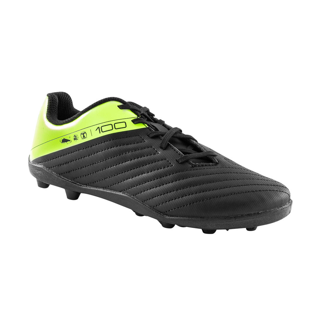 article en promo : Chaussures de football enfant a lacets 100 fg noir et jaune